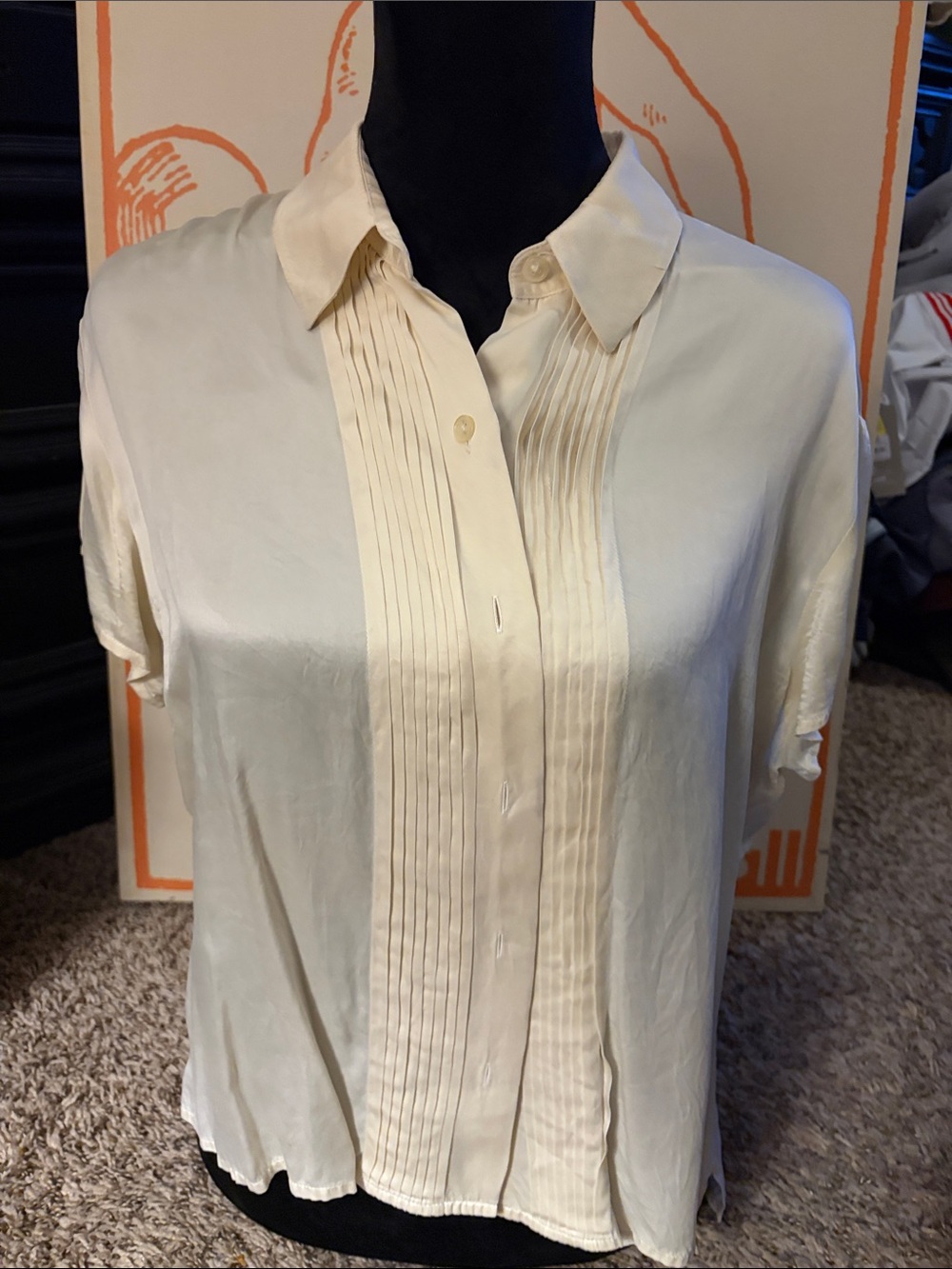 Lauren Ralph Lauren Silky Cream Pleated Front Button-Up Women's Top